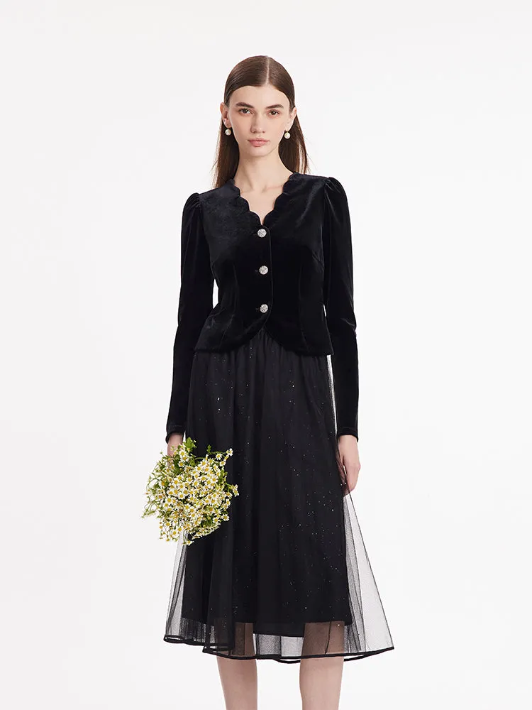 Wave Cut V-Neck Velvet Top And Tulle Skirt Two-Piece Set sold by Goelia