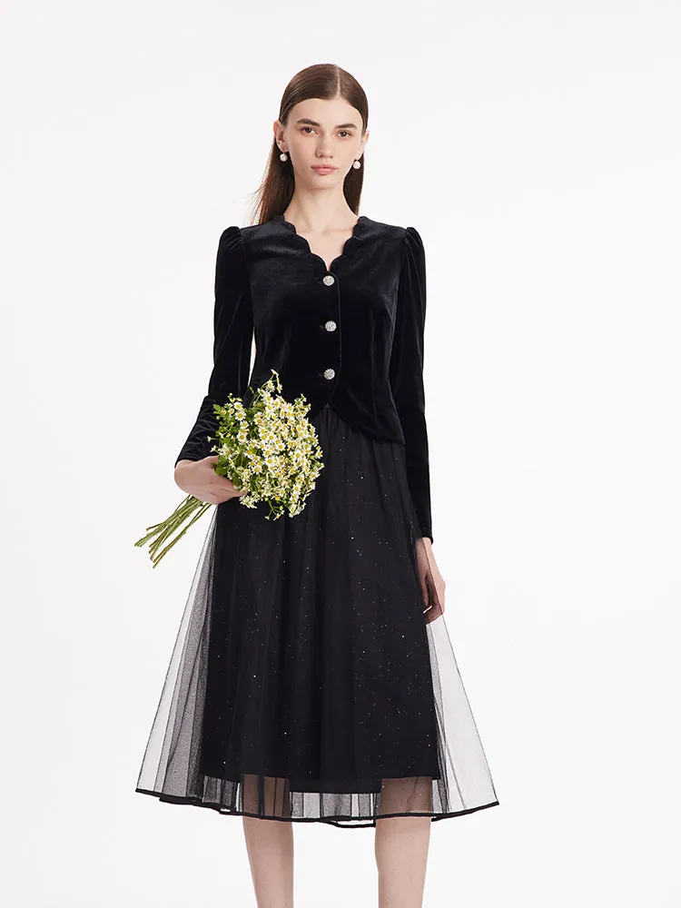 Wave Cut V-Neck Velvet Top And Tulle Skirt Two-Piece Set sold by Goelia product image thumbnail 3