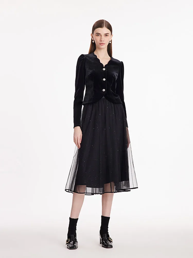 Wave Cut V-Neck Velvet Top And Tulle Skirt Two-Piece Set sold by Goelia product image thumbnail 2