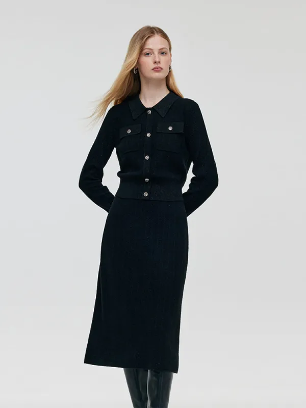 Wool Blend Long Sleeve Knit Top And A-Line Skirt Two-Piece Set sold by Goelia