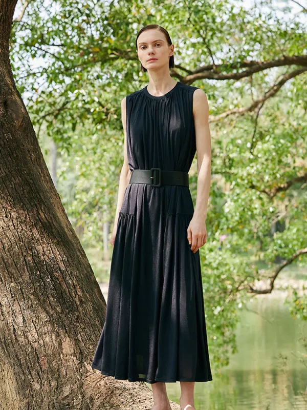 Knitted Women Maxi Vest Dress With Belt And Bottomed Spaghetti Strap Dress made by Goelia