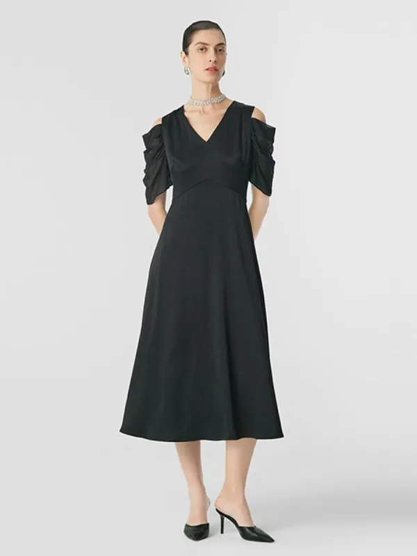 Black Triacetate Gathered Waist V-Neck Midi Dress sold by Goelia