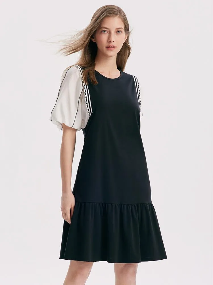 A-Shape Patchwork Puff Sleeve Mini Dress sold by Goelia product image thumbnail 3