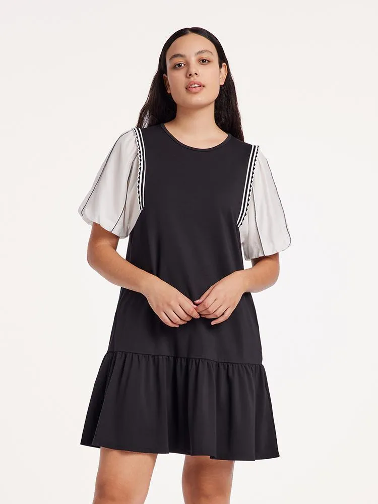 A-Shape Patchwork Puff Sleeve Mini Dress sold by Goelia product image thumbnail 5