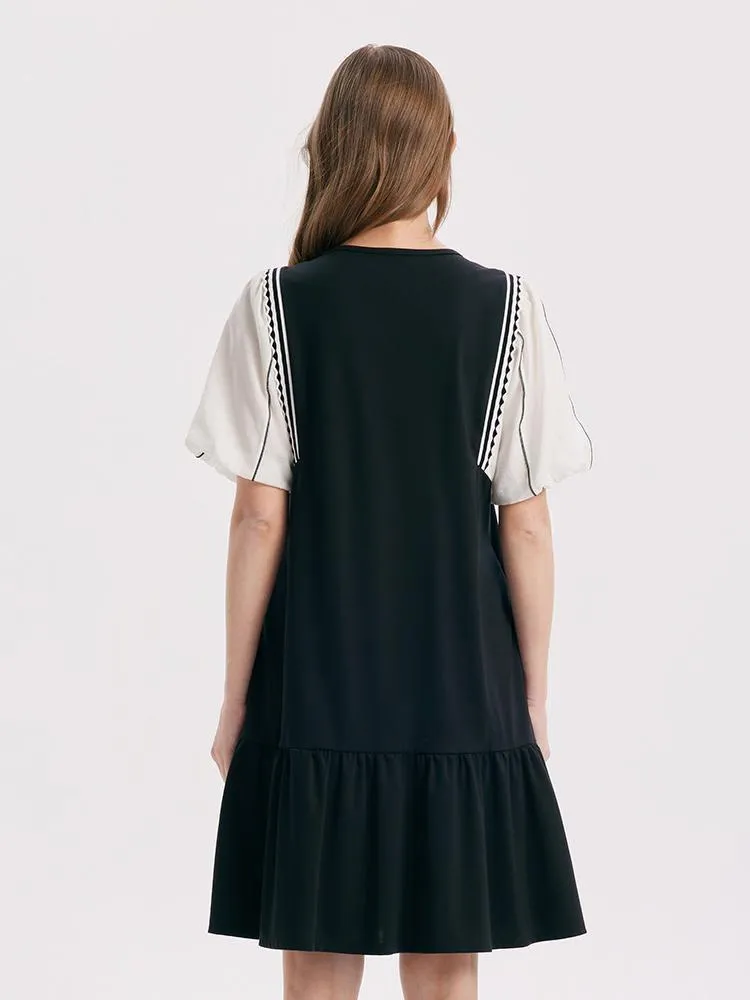 A-Shape Patchwork Puff Sleeve Mini Dress sold by Goelia product image thumbnail 4