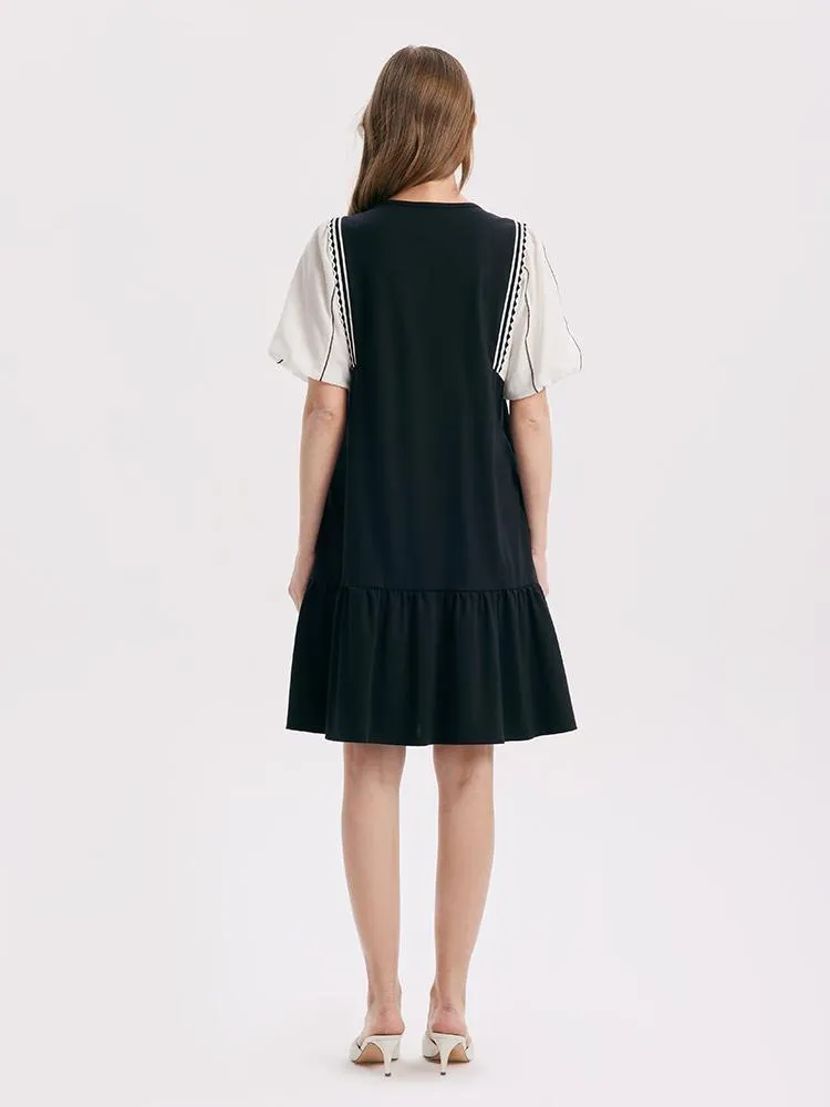 A-Shape Patchwork Puff Sleeve Mini Dress sold by Goelia product image thumbnail 2