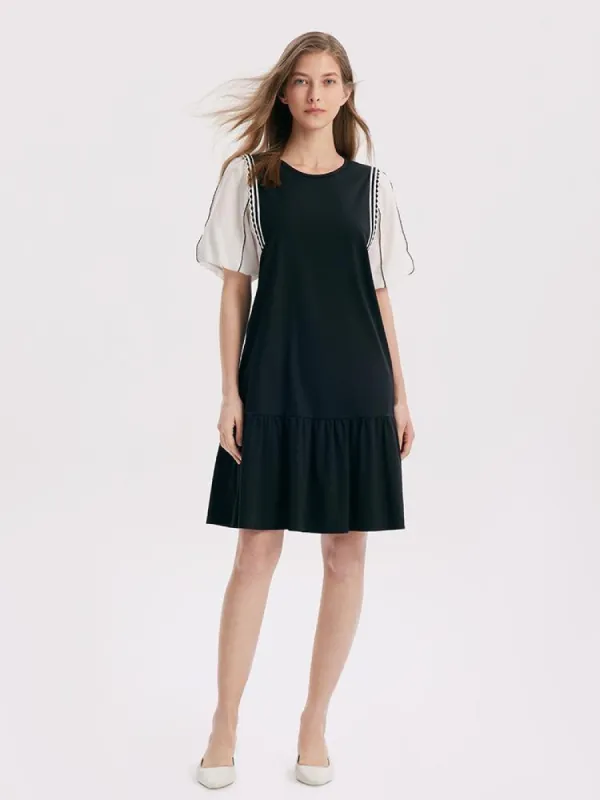 A-Shape Patchwork Puff Sleeve Mini Dress sold by Goelia