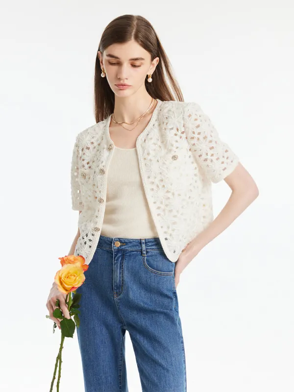 Openwork Single-Breasted Women Crop Jacket sold by Goelia