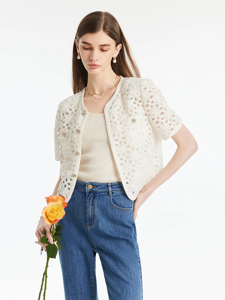 Openwork Single-Breasted Women Crop Jacket sold by Goelia