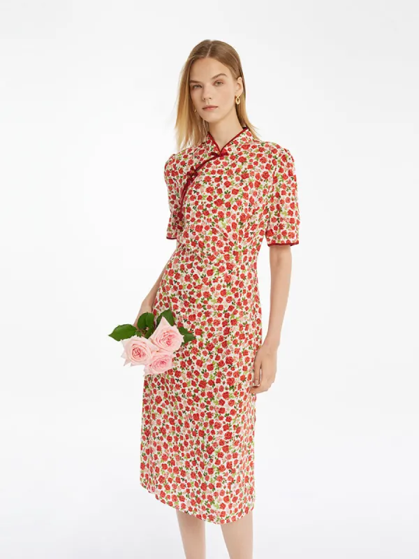 Red Rose Print Cheongsam Women Qipao Midi Dress sold by Goelia
