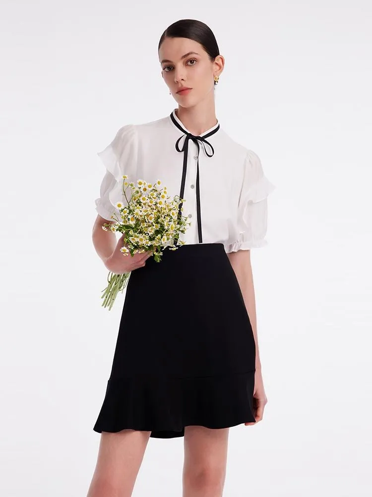 White Acetate Lace Sleeve Top And Half Skirt Two-piece Set sold by Goelia