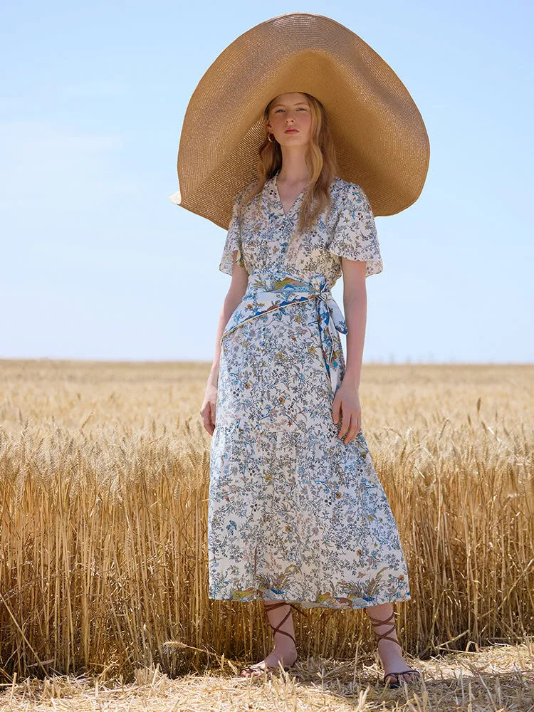 19 Momme Mulberry Silk V-Neck Print Women Maxi Dress sold by Goelia