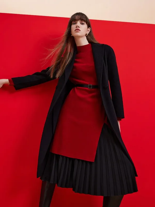 Black Wool And Cashmere Notched Lapel Women Coat sold by Goelia