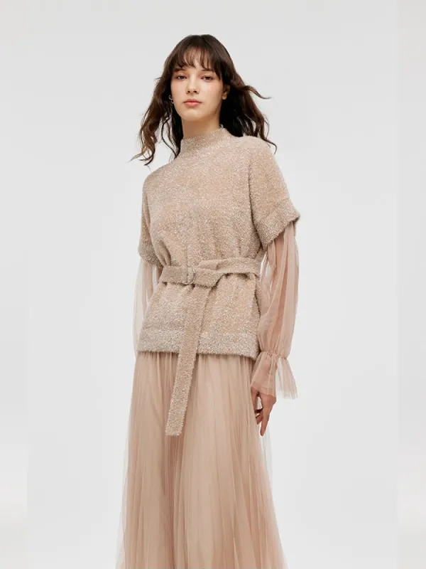 Patchwork Long Sleeve Top And Tulle Skirt Two-Piece Set With Belt sold by Goelia