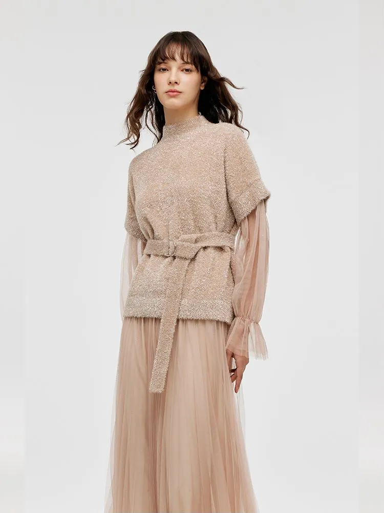 Patchwork Long Sleeve Top And Tulle Skirt Two-Piece Set With Belt sold by Goelia