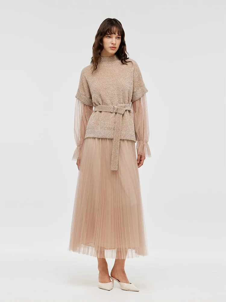 Patchwork Long Sleeve Top And Tulle Skirt Two-Piece Set With Belt sold by Goelia product image thumbnail 2