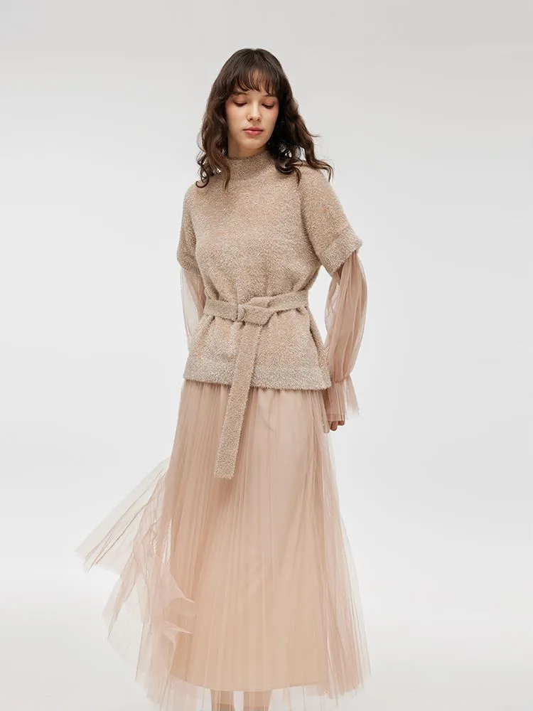 Patchwork Long Sleeve Top And Tulle Skirt Two-Piece Set With Belt sold by Goelia product image thumbnail 4