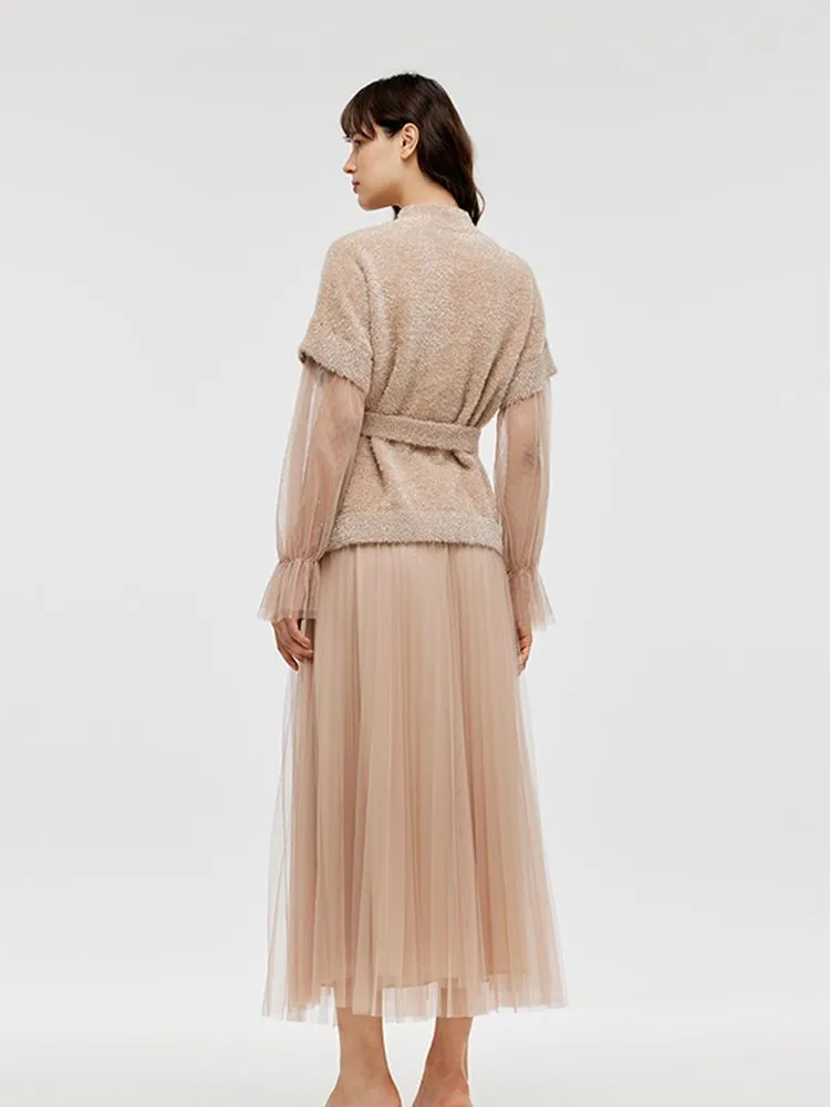 Patchwork Long Sleeve Top And Tulle Skirt Two-Piece Set With Belt sold by Goelia product image thumbnail 3