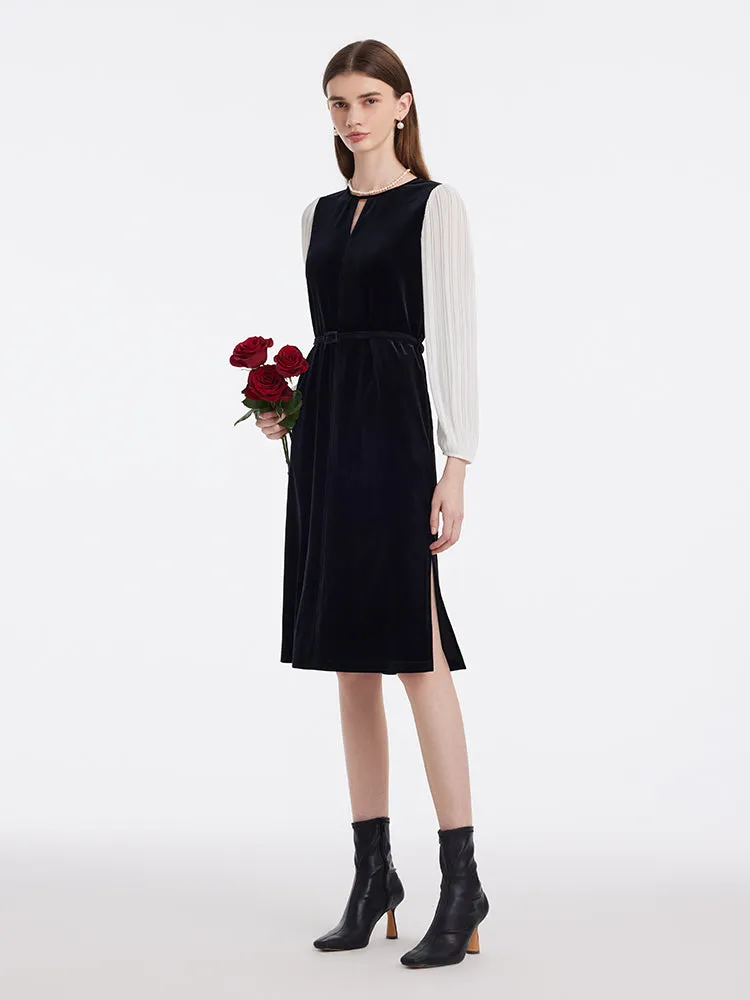 Pleated Sleeves Velvet Patchwork Women Midi Dress sold by Goelia product image thumbnail 2