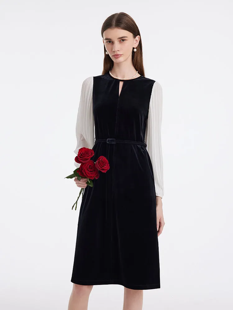Pleated Sleeves Velvet Patchwork Women Midi Dress sold by Goelia product image thumbnail 3