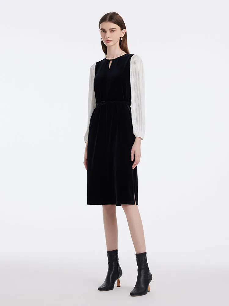 Pleated Sleeves Velvet Patchwork Women Midi Dress sold by Goelia product image thumbnail 5