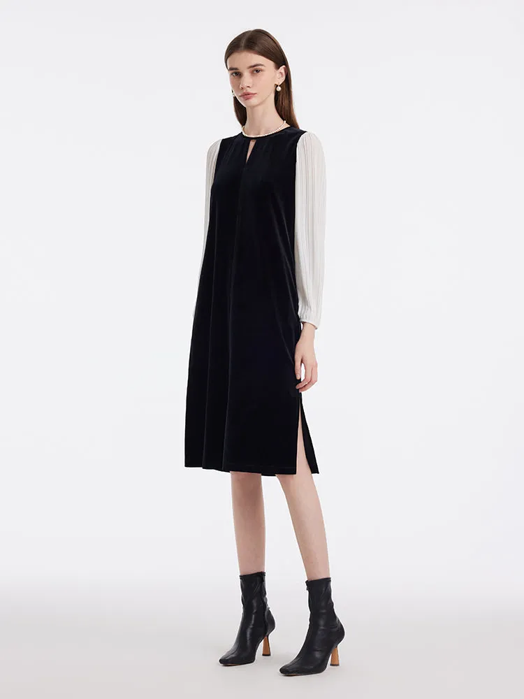 Pleated Sleeves Velvet Patchwork Women Midi Dress sold by Goelia product image thumbnail 4