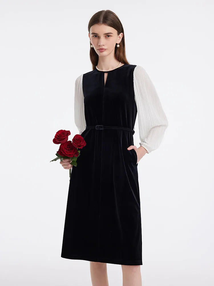 Pleated Sleeves Velvet Patchwork Women Midi Dress sold by Goelia