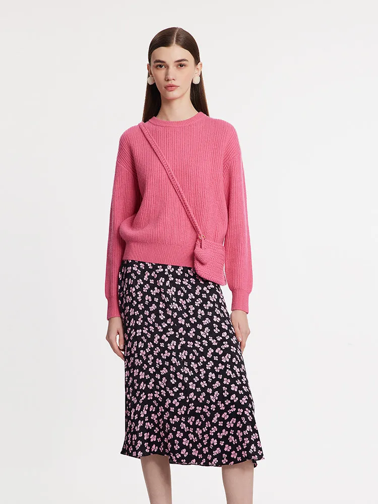 Sweater And Floral Printed Skirt Two-Piece Set With Knitted Bag sold by Goelia