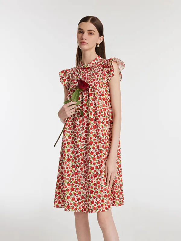 Rose Print Ruffle Sleeves Mandarin Collared Women Mini Dress sold by Goelia