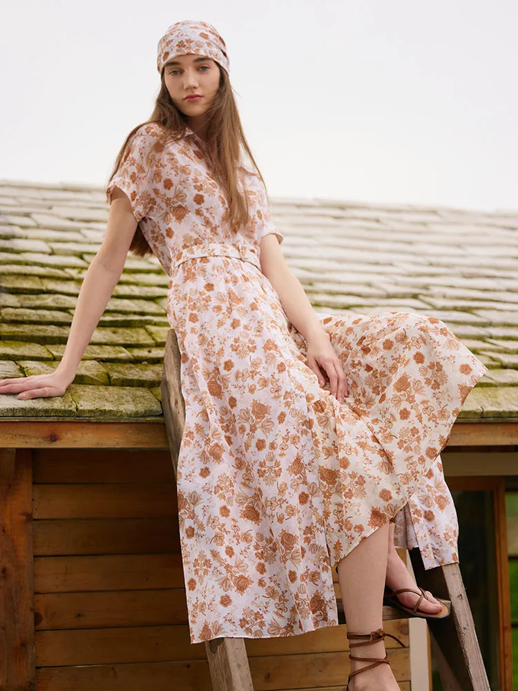 Rose Print Women Midi Dress With Belt And Bottomed Dress sold by Goelia product image thumbnail 4