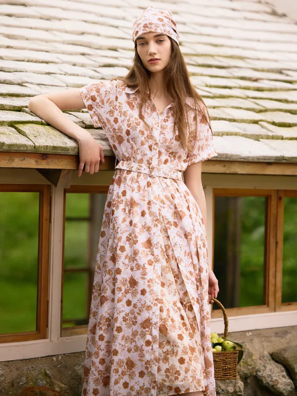 Rose Print Women Midi Dress With Belt And Bottomed Dress sold by Goelia