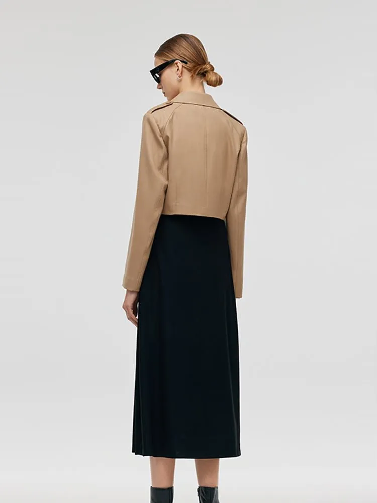 Worsted Wool Lapel Cropped Trench Coat And Acetate Midi Dress Two-Piece Set sold by Goelia product image thumbnail 4