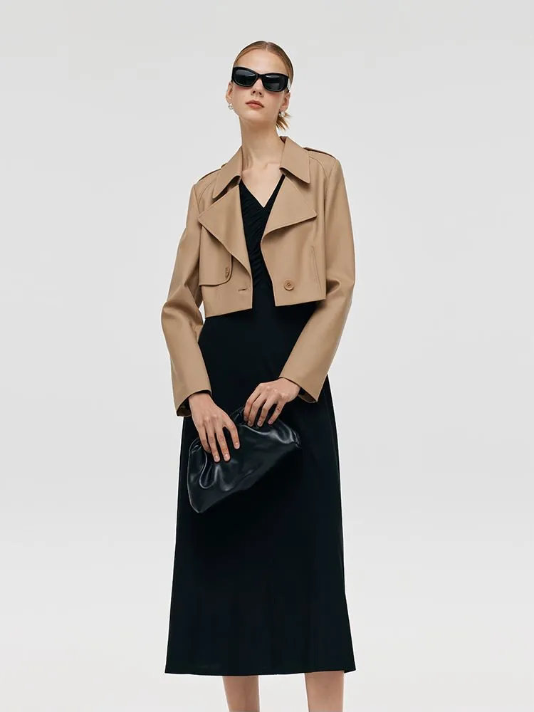 Worsted Wool Lapel Cropped Trench Coat And Acetate Midi Dress Two-Piece Set sold by Goelia product image thumbnail 5
