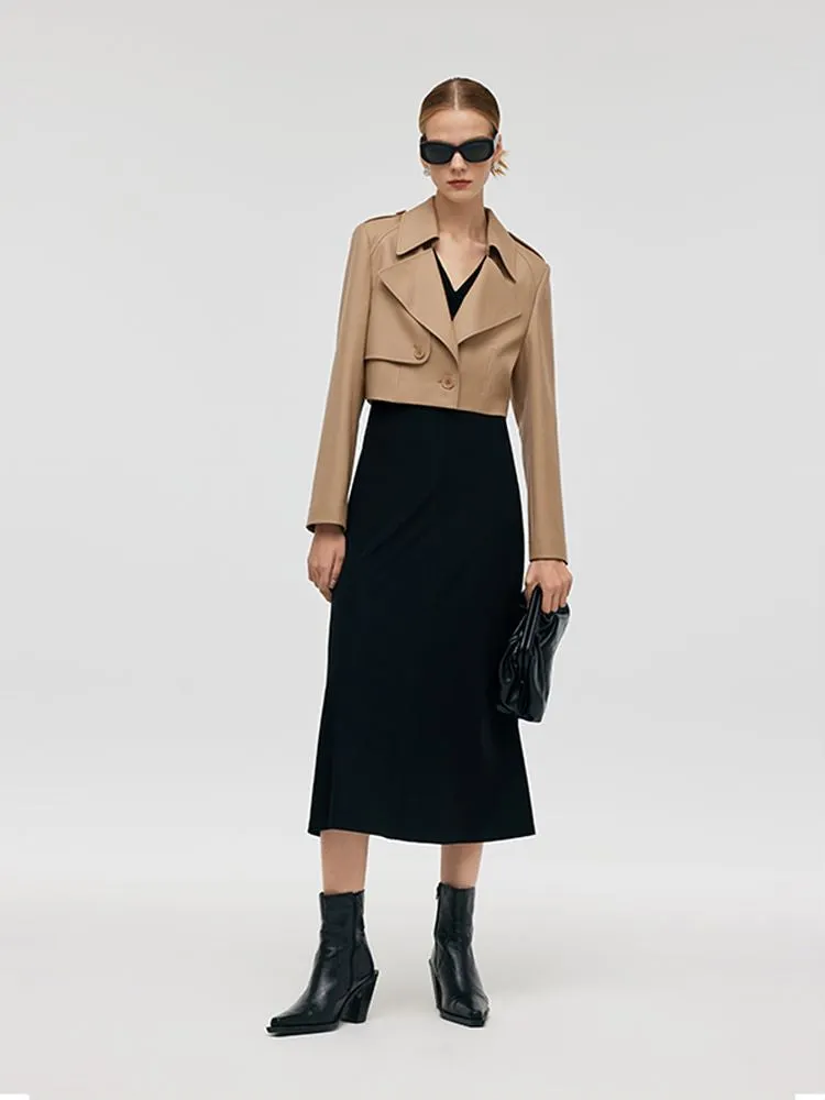 Worsted Wool Lapel Cropped Trench Coat And Acetate Midi Dress Two-Piece Set sold by Goelia product image thumbnail 2