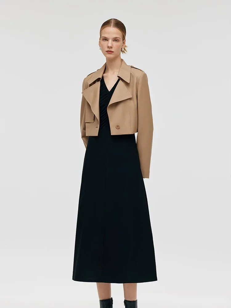 Worsted Wool Lapel Cropped Trench Coat And Acetate Midi Dress Two-Piece Set sold by Goelia
