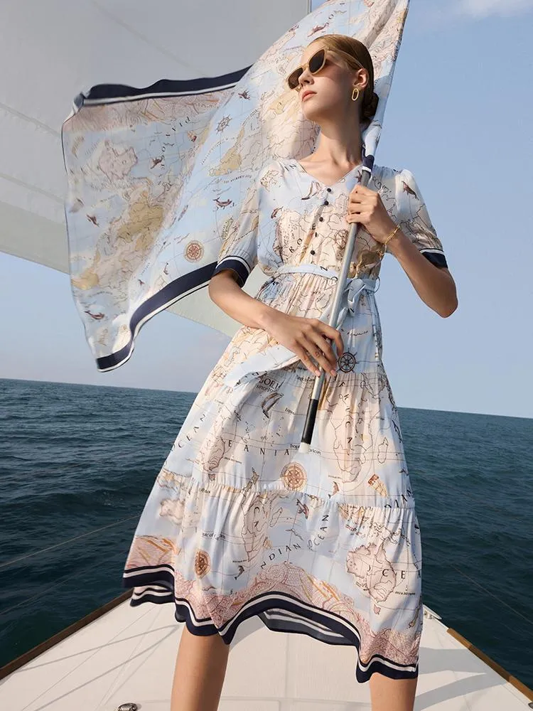 19 Momme Silk Map Print Midi Dress sold by Goelia