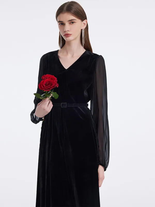 Silk Blend Patchwork V-Neck Women Midi Velvet Dress With Belt sold by Goelia