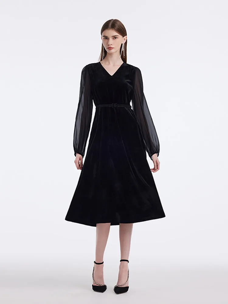 Silk Blend Patchwork V-Neck Women Midi Velvet Dress With Belt sold by Goelia product image thumbnail 3