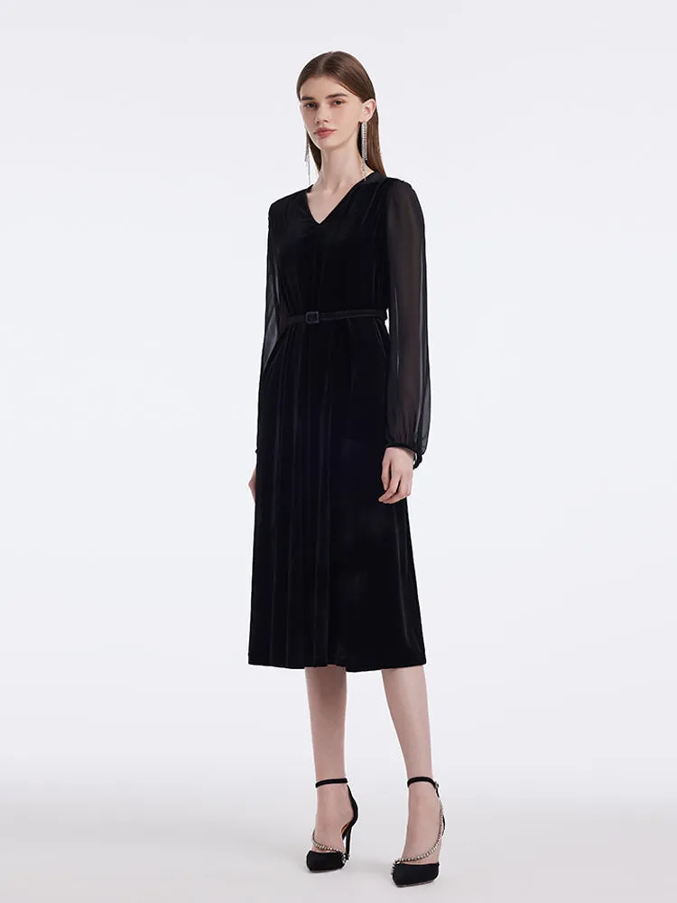 Silk Blend Patchwork V-Neck Women Midi Velvet Dress With Belt sold by Goelia product image thumbnail 4