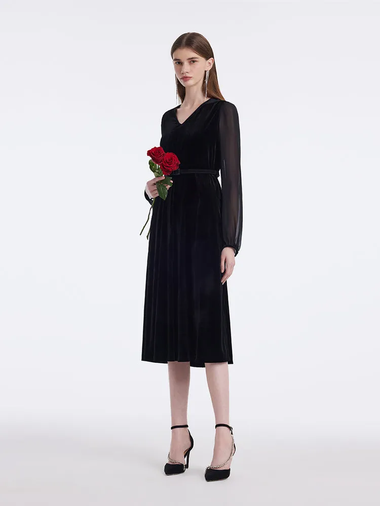 Silk Blend Patchwork V-Neck Women Midi Velvet Dress With Belt sold by Goelia product image thumbnail 2