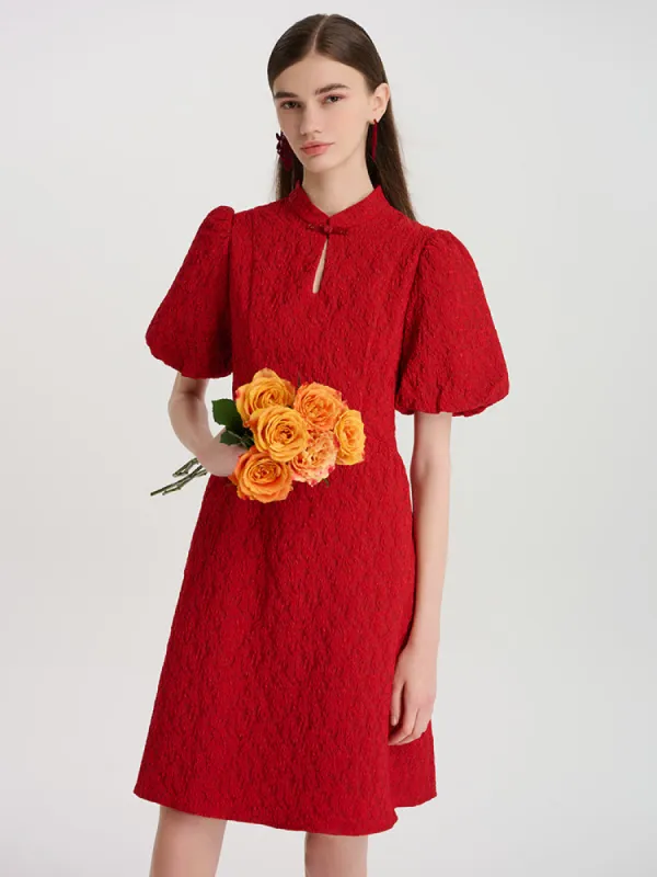 Floral Jacquard Mandarin Collared Women Mini Qipao Dress sold by Goelia