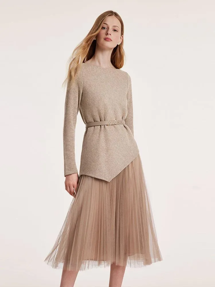 Asymmetrical Hem Top And Tulle Women Skirt With Belt Two-Piece Set sold by Goelia