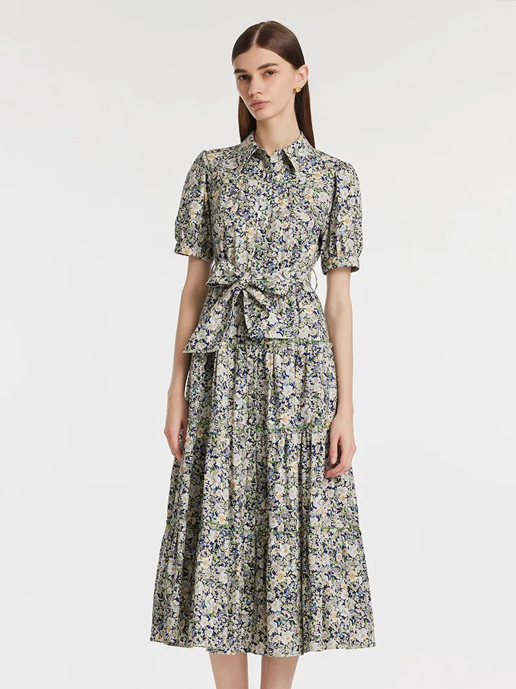 Floral Print Lapel Tiered Women Midi Dress With Belt sold by Goelia