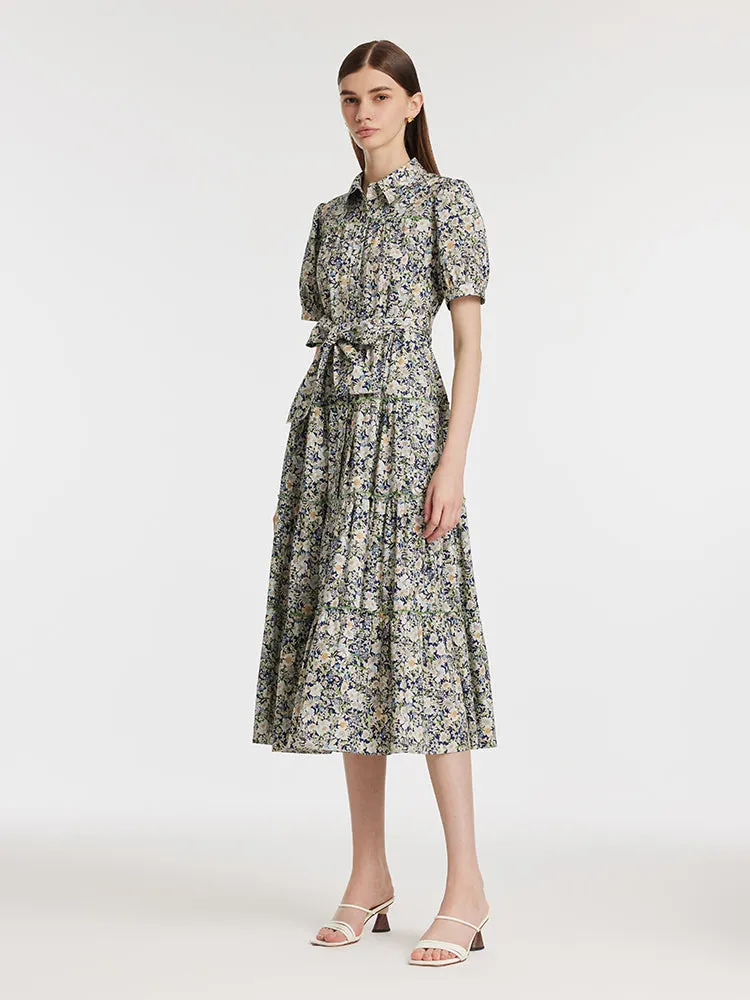 Floral Print Lapel Tiered Women Midi Dress With Belt sold by Goelia product image thumbnail 3