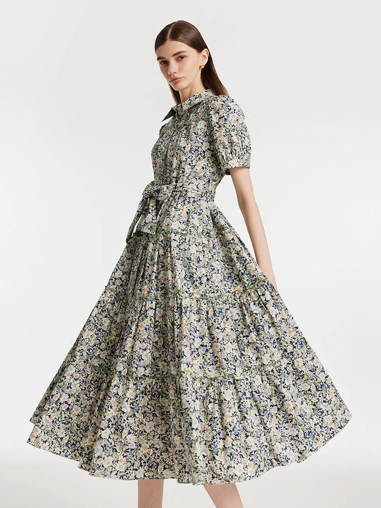 Floral Print Lapel Tiered Women Midi Dress With Belt sold by Goelia product image thumbnail 5
