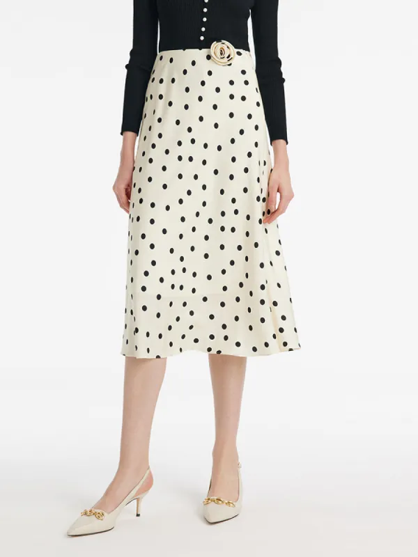 22 Momme Mulberry Silk Polka Dots Print Women Half Skirt With 3D Rose Clip And Knotted Headband And Scrunchie sold by Goelia