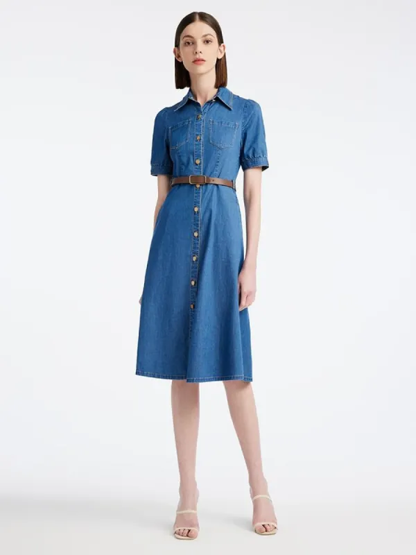 Tencel Denim Shirt Midi Collared Dress With Belt sold by Goelia