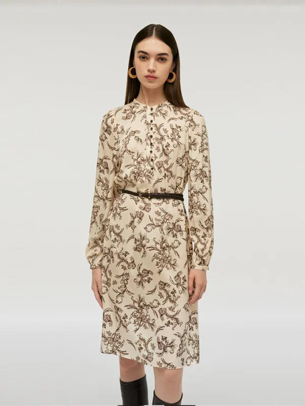 19 Momme Mulberry Silk Round Neck Print Women Midi Dress With Belt sold by Goelia