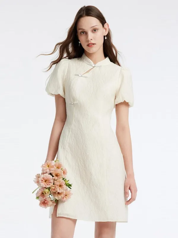 White Mandarin Collar Cheongsam Qipao Mini Dress sold by Goelia