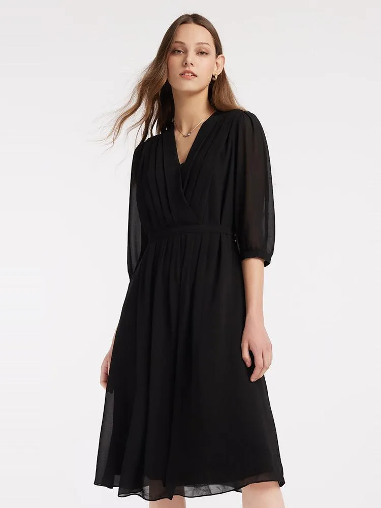 V-Neck Pleated Lace Up Wrap Midi Dress sold by Goelia product image thumbnail 5